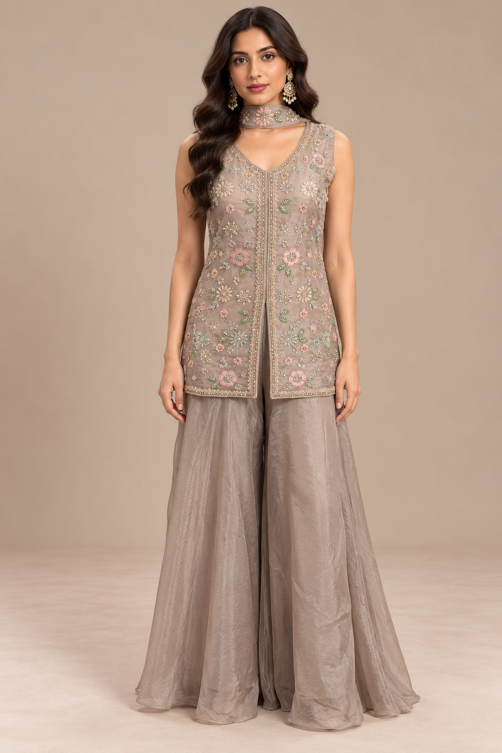 Dusty Mauve Embroidered Silk Jacket Palazzo Set
